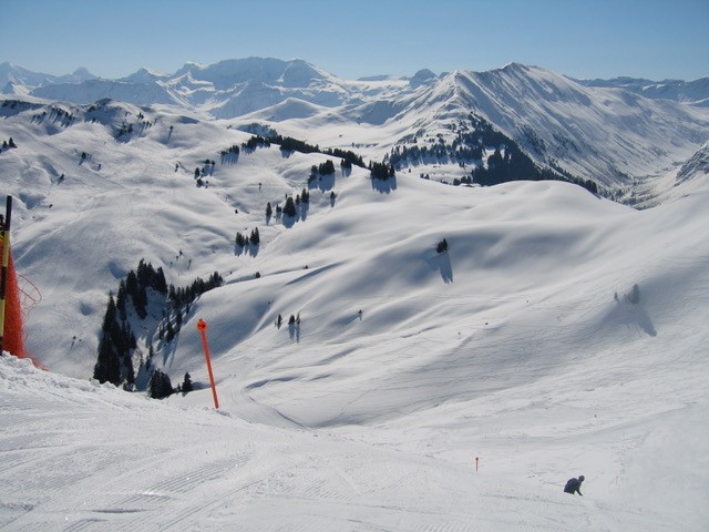 2008 Gstaad - Oeschseite: Sanftes Hochplateau mit Skifahrern und Pistenmarkierungen